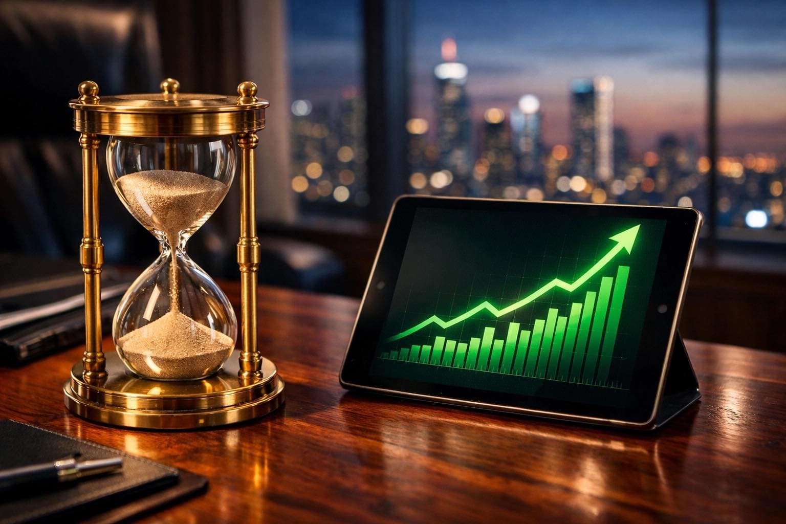 A brass hourglass beside a tablet showing a rising green bar chart, on a desk overlooking a city at dusk